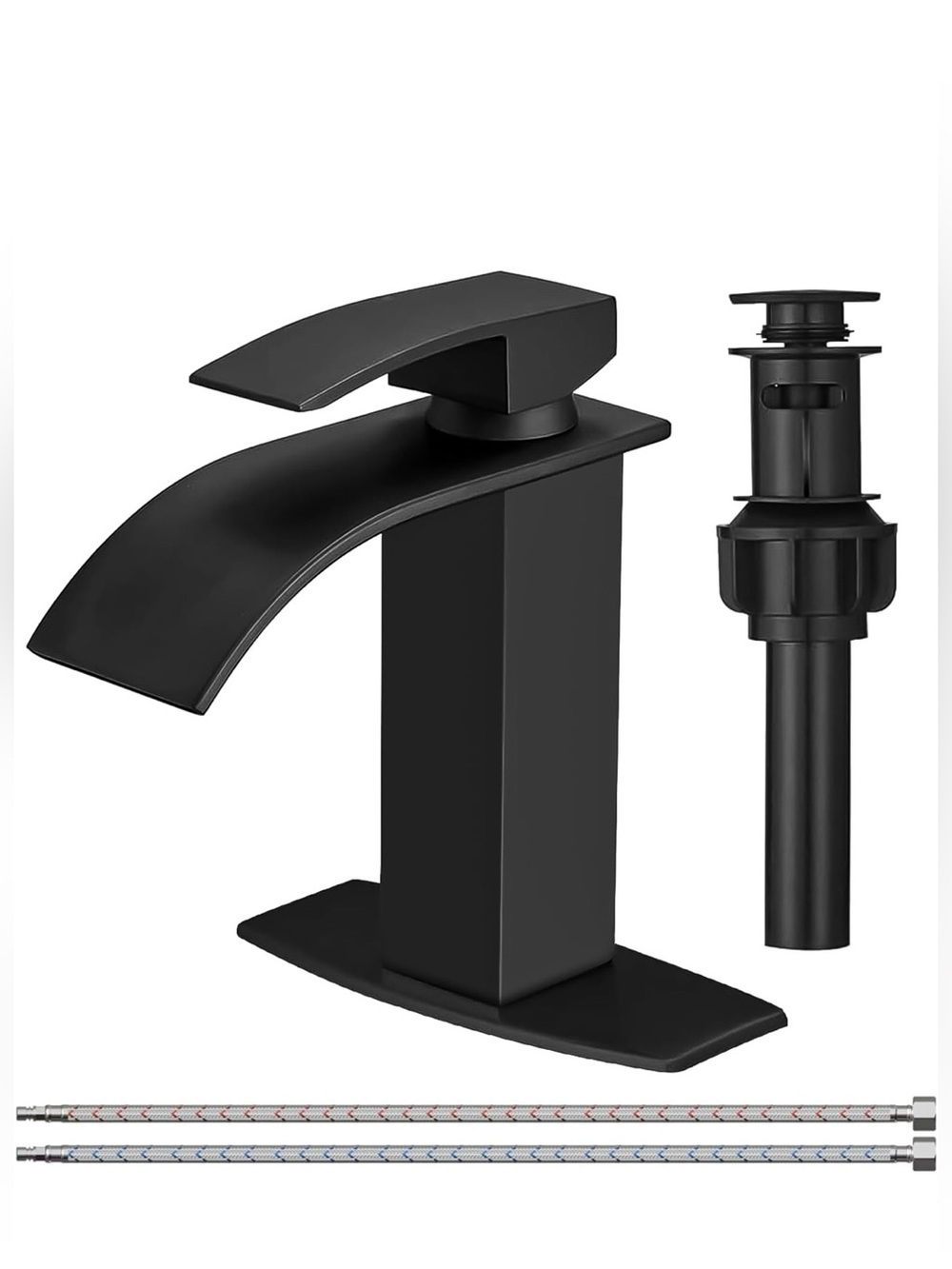 Matte Black Waterfall Bathroom Faucet with Pop-Up Drain -